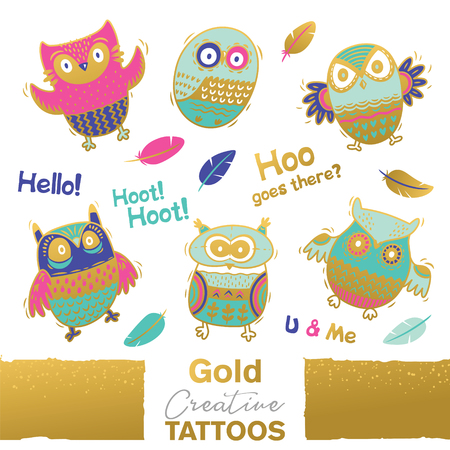 Vector collection of funny owls with golden ornament. Unique designのイラスト素材