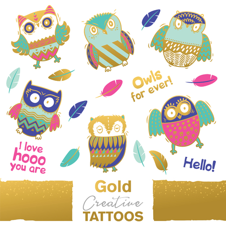 Vector collection of funny owls with golden ornament. Unique designのイラスト素材