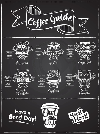 Coffee menu design. The coffee drinks infographics, owls set characters on chalkboard background.のイラスト素材