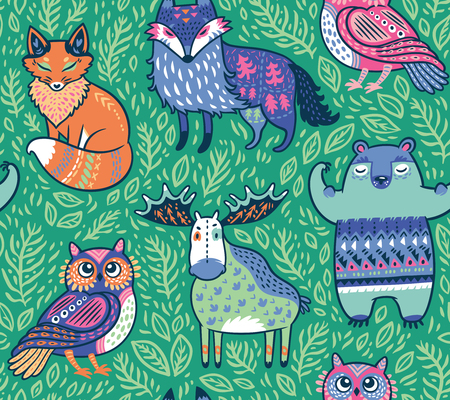 Tribal forest animals in green. Vector illustrationのイラスト素材