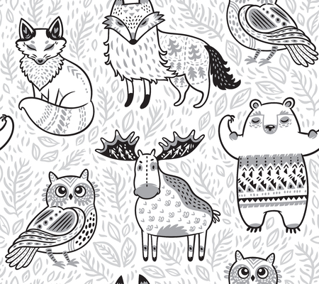 Tribal forest animals in cartoon style. Vector illustrationのイラスト素材