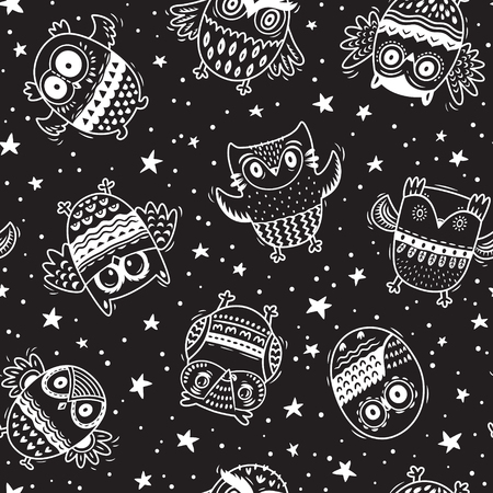 Monochrome cartoon owls in the galaxy. Vector seamless patternの写真素材