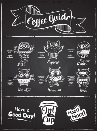 Coffee guide infographic with cartoon owls. Owl Cup . Chalkboard style design. Vector illustration.の写真素材
