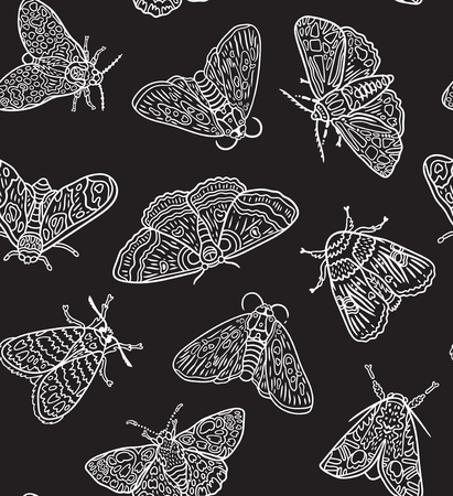 Seamless pattern with white contour moths. Black and white surface design. Vector illustrationのイラスト素材