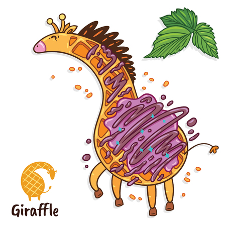 Fancy waffle dessert in the form of a giraffe with chocolate. Tasty giraffe art.のイラスト素材