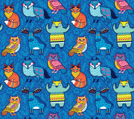 Seamless bright pattern with woodland animals in blue. Cartoon style surface background.のイラスト素材