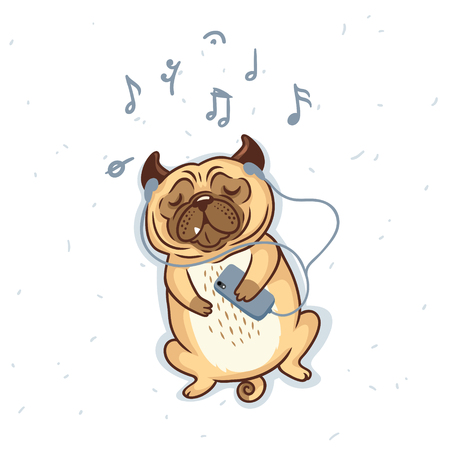 Pug Dog in cartoon style listening music with earphones. Vector illustration.のイラスト素材