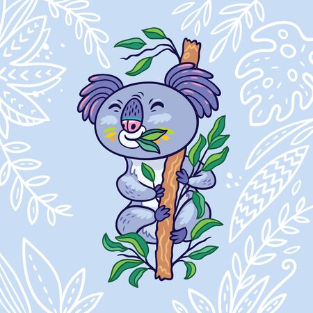 Koala eats leaves on eucalyptus tree. Hand drawn vector illustrationの写真素材