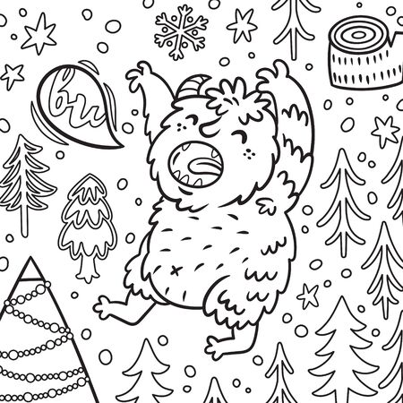 Cartoon Bigfoot or Yeti growls in the forest. Contour illustrationのイラスト素材