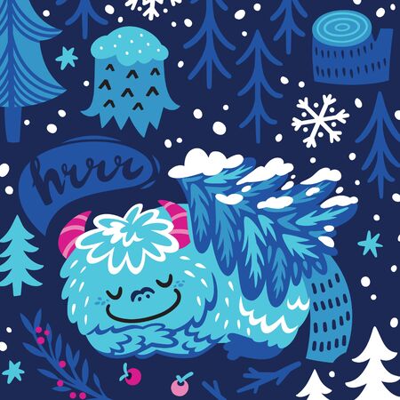 Cartoon bigfoot or yeti sleeping in the forest under the tree. Fantasy vector artのイラスト素材