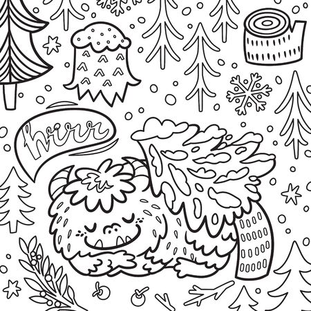 Cartoon Bigfoot or Yeti sleeping in the forest under the tree. Contour illustrationのイラスト素材