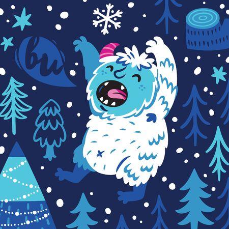 Cartoon bigfoot or yeti growls in the forest. Fantasy vector artのイラスト素材