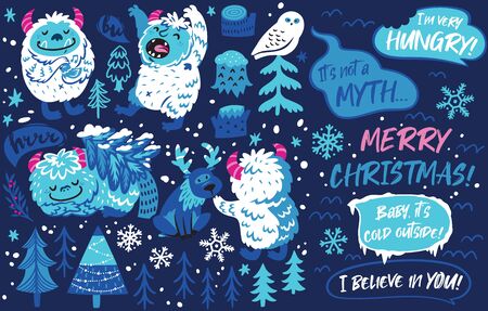 Collection with woodland elements, cartoon Yetis and phrases in vector. Winter setのイラスト素材