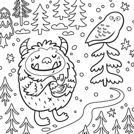 Cartoon fluffy bigfoot or yeti loves the birds. Contour illustrationのイラスト素材