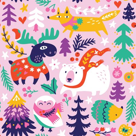 Winter seamless pattern with cartoon animals in scarvesのイラスト素材