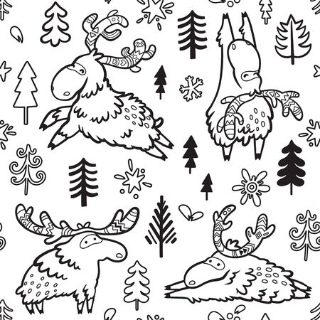 Seamless childish pattern with cute deers, moose, elk in contourのイラスト素材