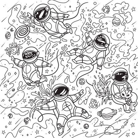 Contour cosmonaut astronaut spaceman characters exploring outer spaceのイラスト素材