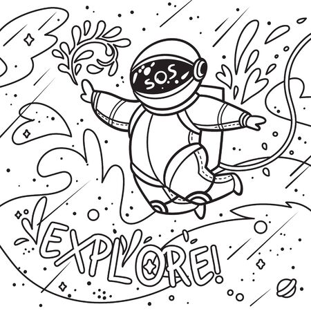 Explore. Contour print with cartoon astronaut flies with leaves in outer spaceのイラスト素材