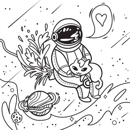 Contour print with cartoon astronaut stroking an alien cat in outer spaceのイラスト素材