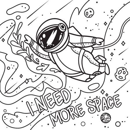 I need more space. Contour print with cartoon astronaut flies with leaves in outer spaceのイラスト素材