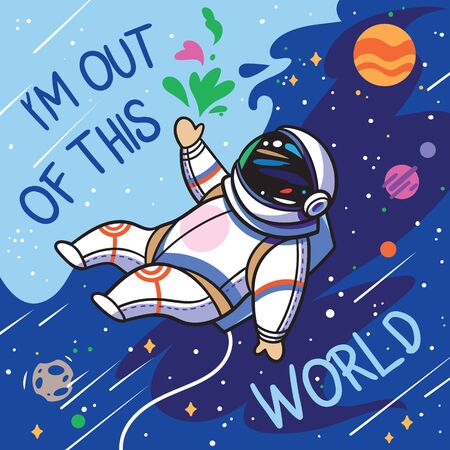 Im out of this world. Cute cartoon astronaut flies with green leaves in outer spaceのイラスト素材