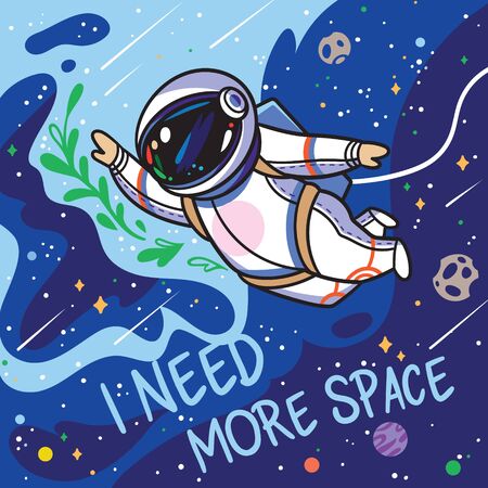 I need more space. Cute cartoon astronaut flies with green leaves in outer spaceのイラスト素材