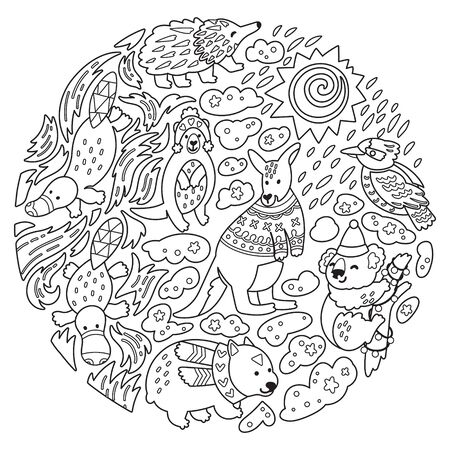 Doodle Christmas Australian animals in the circle. Vector illustrationのイラスト素材