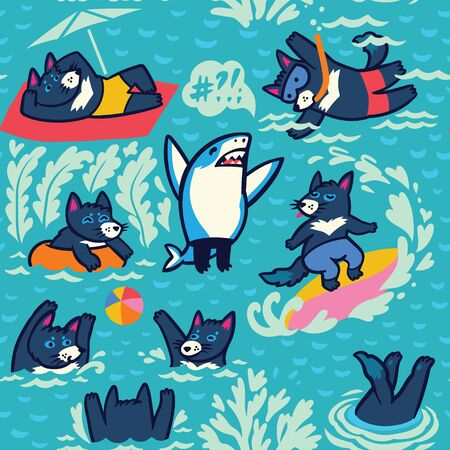 Tasmanian devils swim, sunbathe, dive, play ball and surf. Vector backgroundのイラスト素材