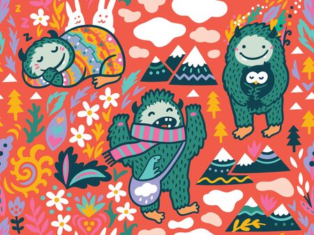 Funny Bigfoots characters in the nature, vector backgroundのイラスト素材