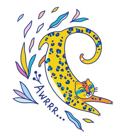 Awr. Print with jaguar, leaves and text. Vector illustrationのイラスト素材