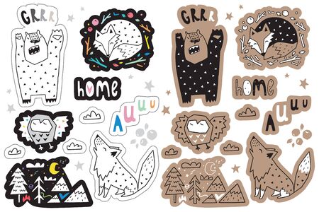 Sticker set with forest animals and design elements, cartoon simple geometric style. Perfect for fashion patches, pins, stickers, badges, temporary tattoos and otherのイラスト素材