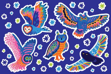 Bright decorative owls sticker set. Perfect for fashion patches, pins, stickers, badges, temporary tattoos and otherのイラスト素材