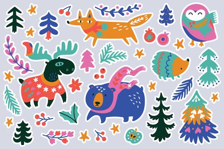 Christmas forest animal sticker set, cartoon style. Orange Fox, pink owl and blue bear in scarves, deer in the sweater and hedgehog. Perfect for fashion patches, pins, stickers, badges, temporary tattoos and otherのイラスト素材