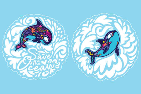 Orca whales surrounded by waves. Save the ocean. Sticker set. Vector illustrationのイラスト素材