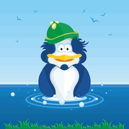 Penguin swims in water. This illustration of a funny penguin cub, who decided to take a dip.の写真素材