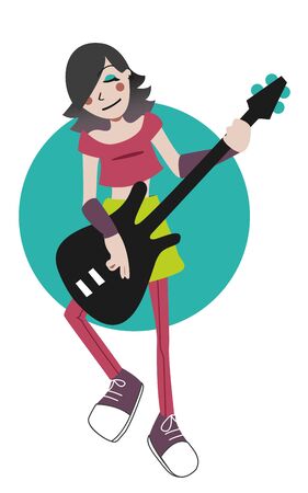 Vector illustration of a cartoon girl playing bass guitar のイラスト素材