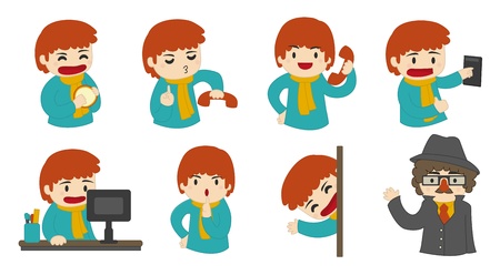 Set of vector illustrations of a cartoon man, in the context of an office 
