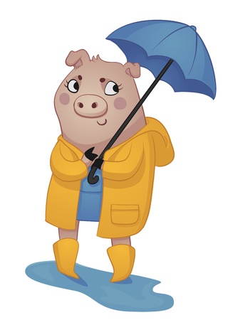 Cartoon Pig in Rain Gear illustration of a cartoon lady pig wearing raincoat, boots and holding an umbrella のイラスト素材