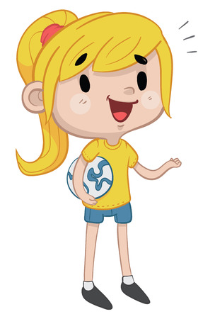 Vector illustration of a cartoon girl wearing a Brazilian soccer uniform and holding a football  のイラスト素材