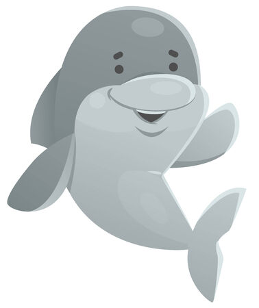 Vector illustration of a cartoon dolphin waving. It looks happy and cute. No background, 1 layer only.のイラスト素材