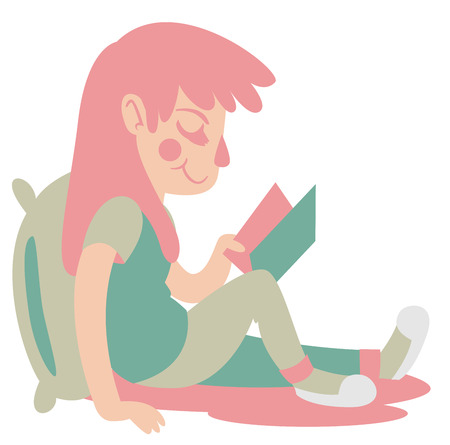 Vector illustration of a cute cartoon girl with pink hair reading a book.のイラスト素材