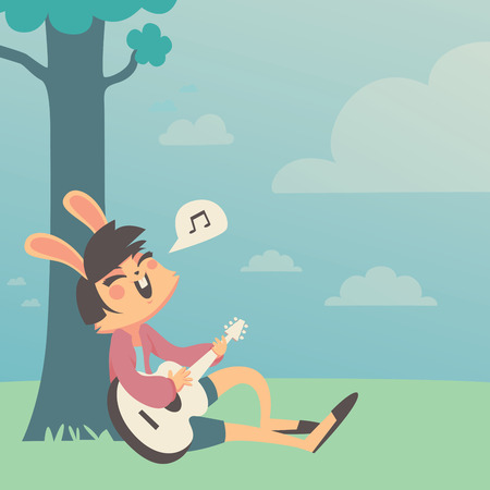 Vector illustration of a cartoon bunny girl playing guitar under a tree. The bunny is in a different group than the background.のイラスト素材