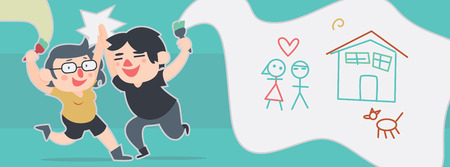 Vector illustration featuring a cartoon couple excited with a new house. One layer only.のイラスト素材