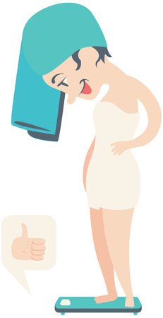 Vector illustration of a cartoon woman weighing herself in a scale. She looks happy and wears a towel on her head. One group only.のイラスト素材
