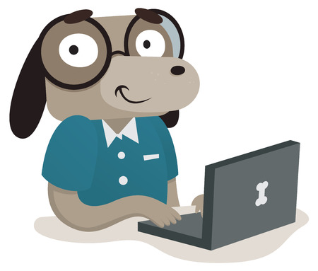 Vector illustration of a cartoon nerdy dog using a computer. One group and layer only.のイラスト素材