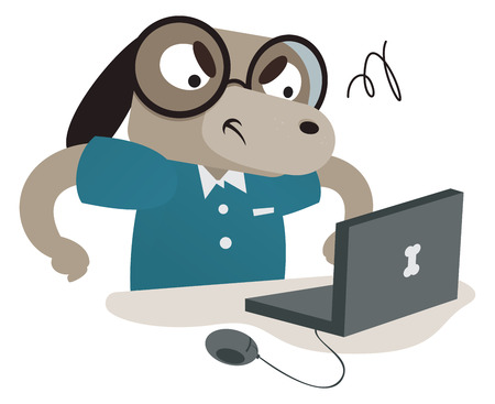 Vector illustration of a cartoon nerdy dog using a computer. One group and layer only.のイラスト素材