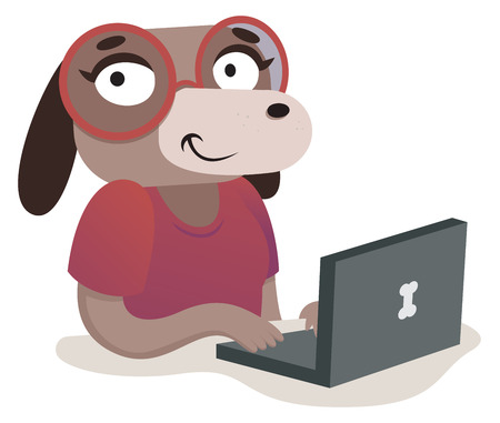 Vector illustration of an expressive cartoon dog using a computer.のイラスト素材