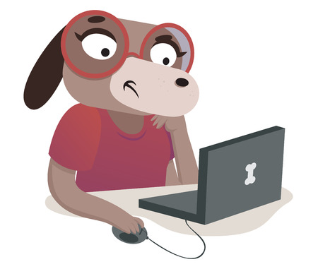 Vector illustration of an expressive cartoon dog using a computer.のイラスト素材