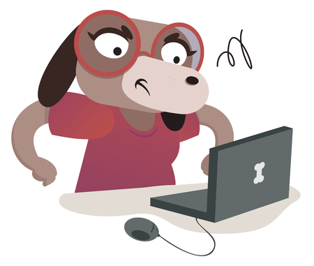 Vector illustration of an expressive cartoon dog using a computer.のイラスト素材