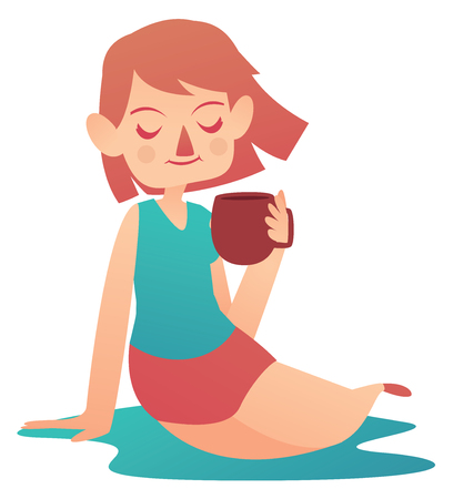 Vector illustration of a cartoon girl sitting. She looks calm and holds a mug.のイラスト素材